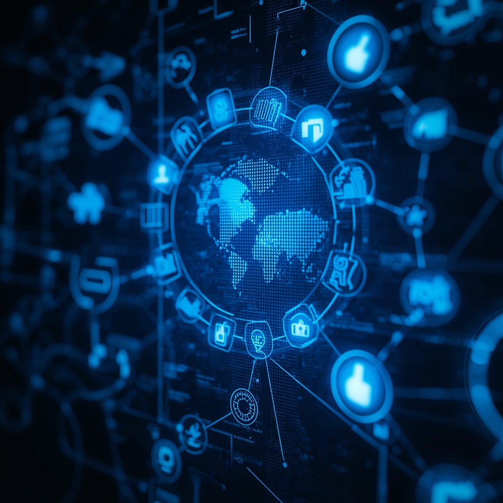 A glowing abstract representation of data analytics and software tools collaborating, using glowing graphs and tech motifs without human figures, in blue and white. (no woman image)
